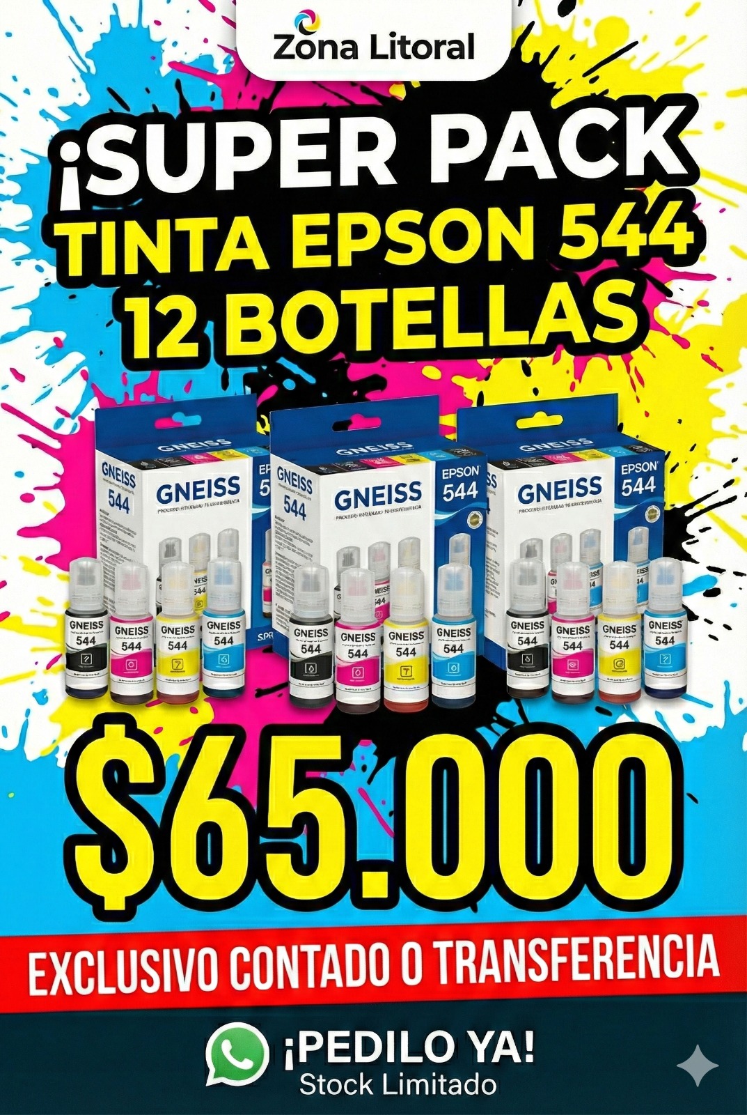 COMBO DE TINTA GNEISS 544 PARA EPSON X12 TINTAS